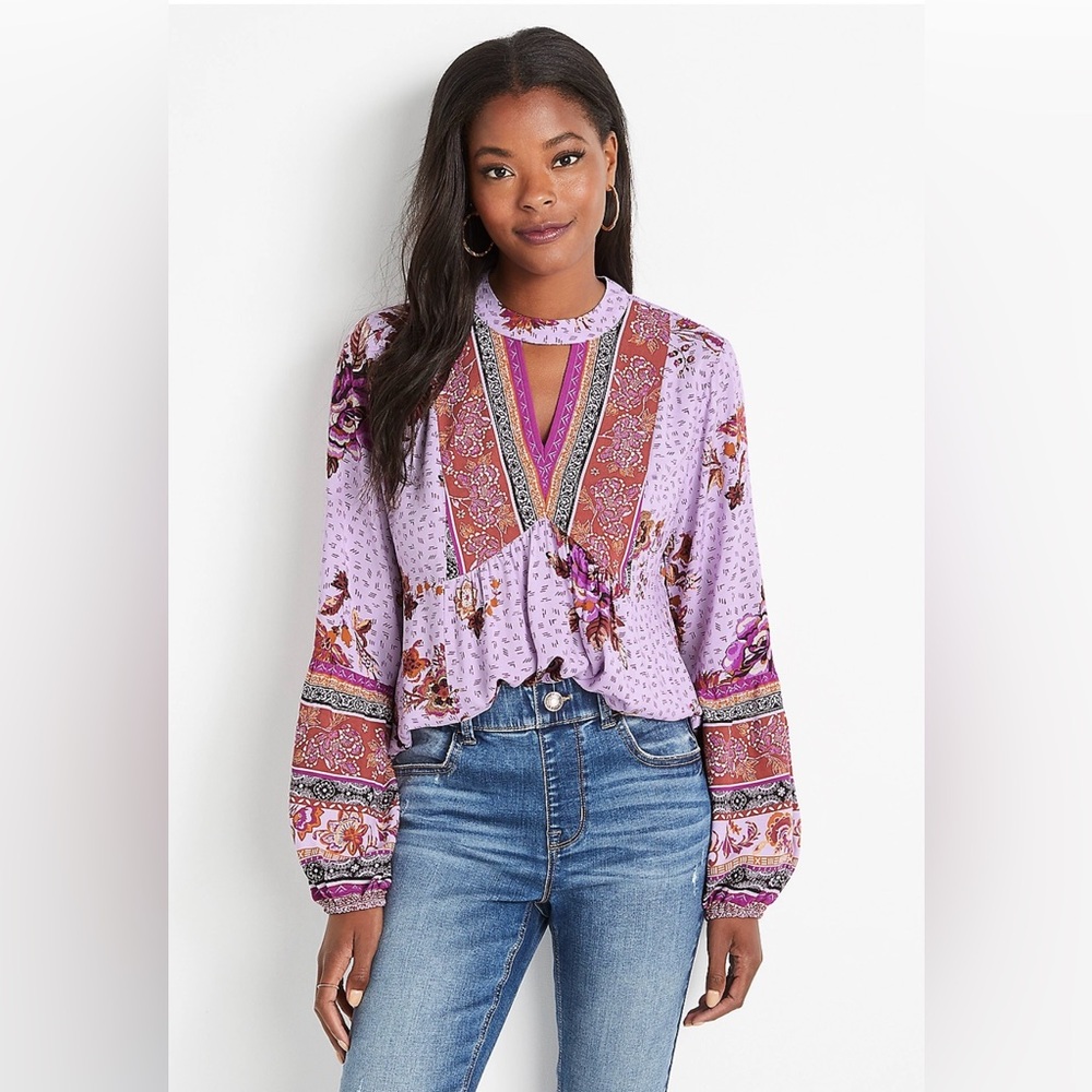 Maurices Purple Floral Long Sleeve Blouse